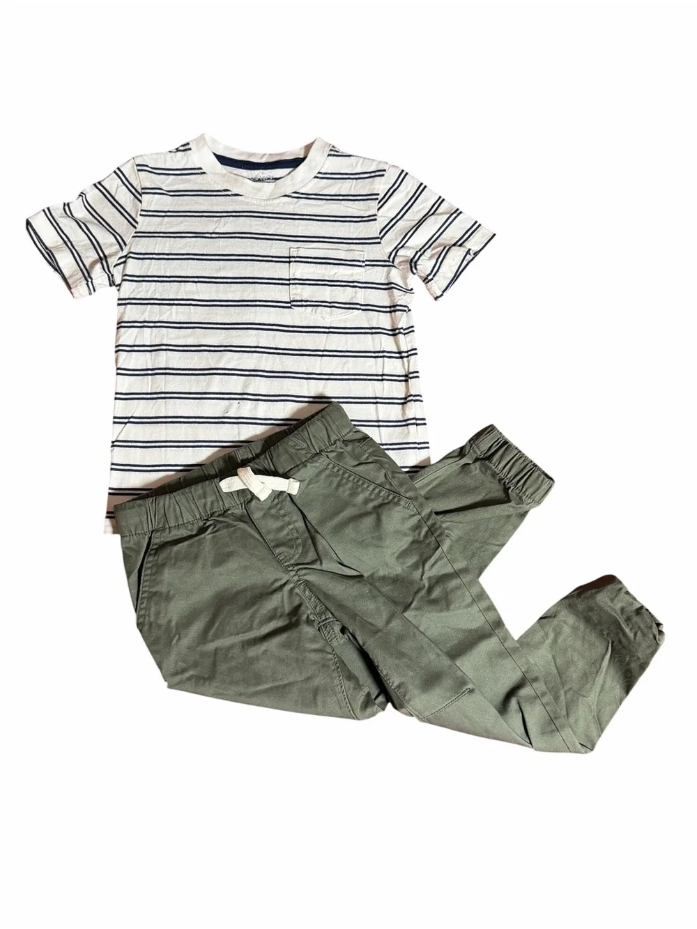 Boys Striped White & Navy Tee with Olive Jogger Pants Set Size 4